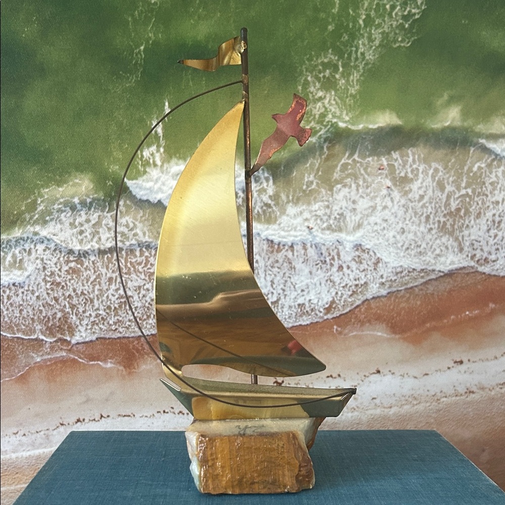 Vintage Brass & Onyx Sailboat Sculpture